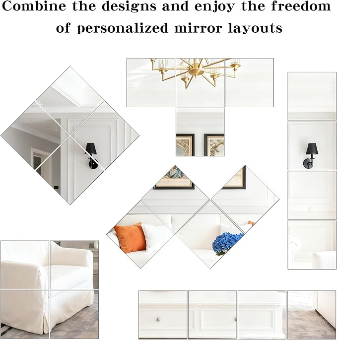 8 Pack Acrylic Mirrors for Wall,10×10 Inch Self Adhesive Frameless Small Mirror Tiles, Flexible Plastic Mirror Sheets for Bedroom Home Gym Door (8Pcs 10×10inch)