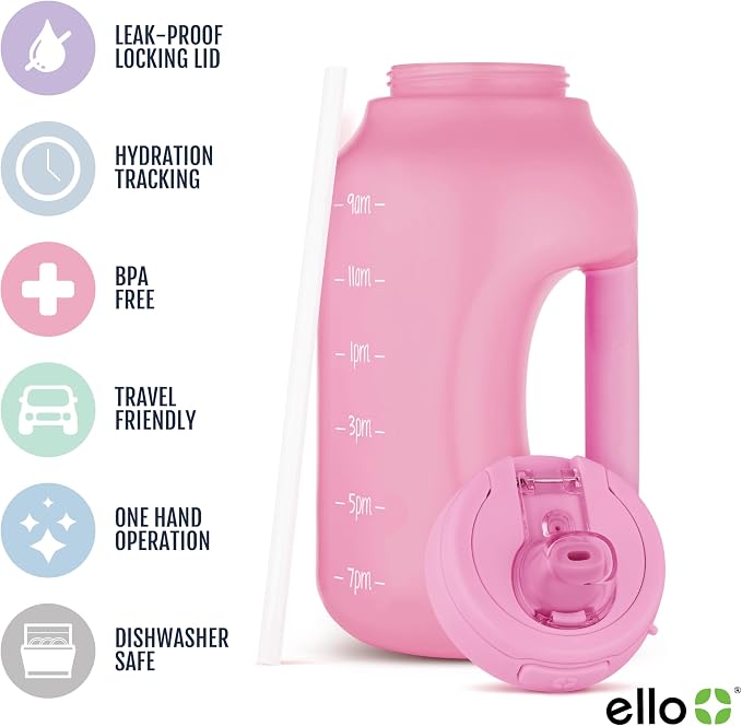 Ello Hydra 64oz Half Gallon Water Jug with Bottle Bag Handle and Motivational Time Markers for All Day Hydration, Plastic Reusable Water Bottle with Straw and Locking, Leak Proof Lid, BPA Free, Daisy