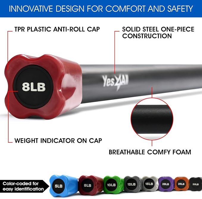 Yes4All Total Body Workout Weighted Bar, Resistance Band Bar, Racks for Strength Training, Exercise Bar for Yoga in Home and Gym - Single/Combo