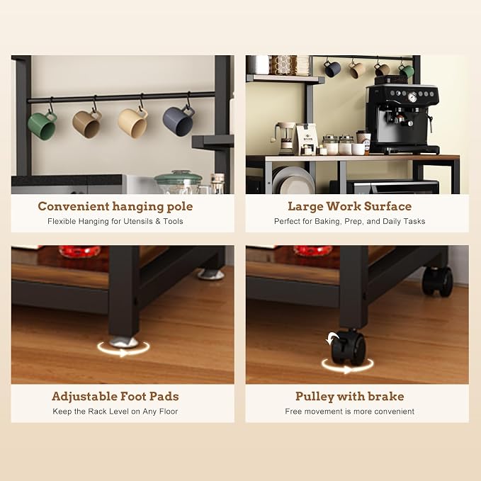 Large Bakers Rack with Power Outlet, Coffee Bar & Microwave Stand | Bakers Rack with Power Outlet, Coffee Bar Station & Microwave Cart, Metal Kitchen Storage Shelf with Wheels
