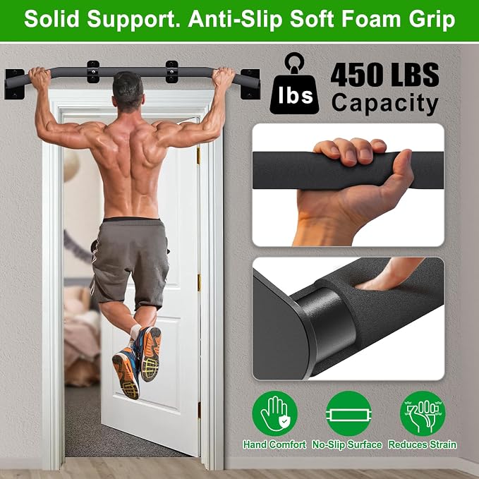 SELEWARE 32"/36" Wall Mount Pull Up Bar Joist Mount Chin Up Bar for Doorway | Heavy Duty Steel Construction Support 450 lb, w/Resistance Band Hooks, Fits 32"/36" Wall Studs for Home Gym Strength Training