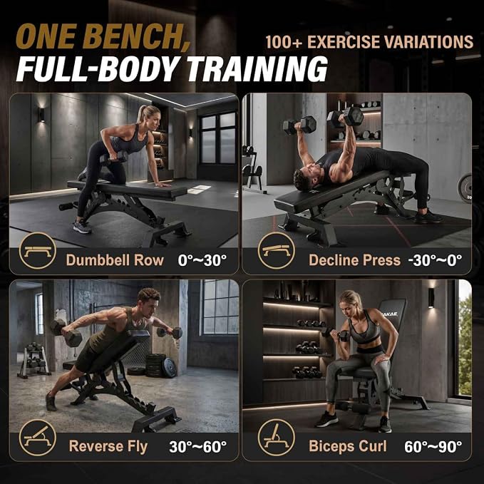 SAKAE Adjustable Weight Bench, 85° to -13° Incline, Decline & Flat Workout Bench for Home Gym, 1000LB Capacity with 9 Backrest Positions, Multi-Position Adjustability Gym Bench for Full Body Workout