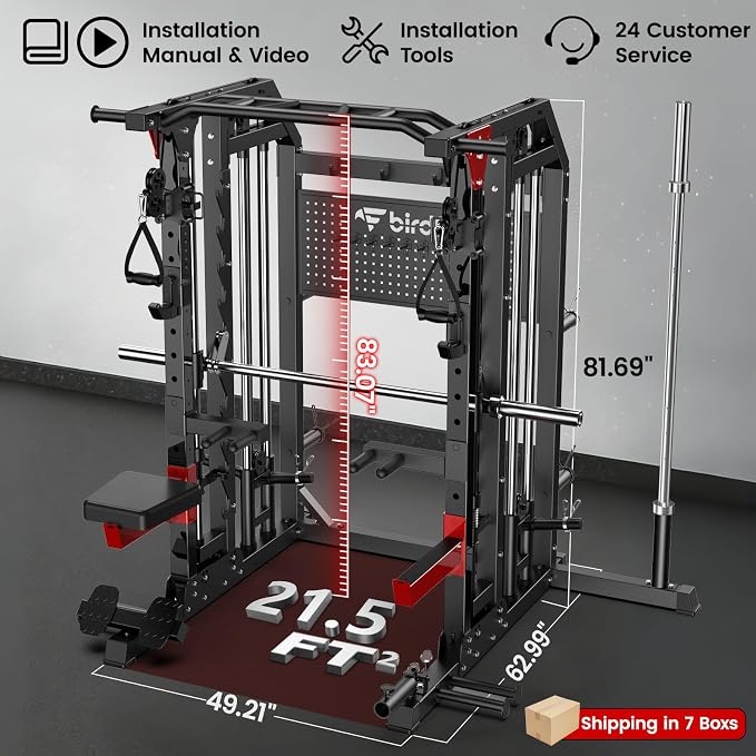 Multi-Function 2000LB Power Cage Smith Machine, Dual Pulley Cable Crossover | Home Gym Squat Rack Featuring LAT Pulldown, Power Rack with Olympic Bar & Strength Training Attachments, Pegboard