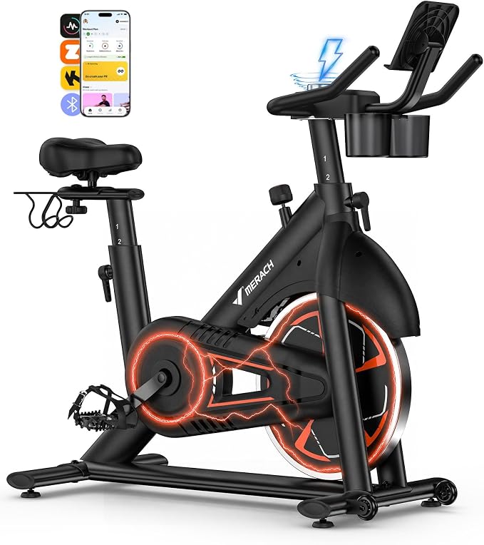 MERACH S36 Exercise Bike, Magnetic Resistance, 330lbs Capacity | Stationary Bike for Home, Quiet Drive, Fitness App with Courses, Adjustable Seat, Indoor Cycling Bike
