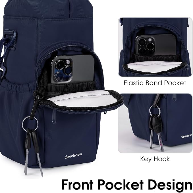 sportsnew 40oz Insulated Crossbody Water Bottle Bag Gym Hiking Phone Pocket | Water-resistant Lining, Padded Strap, Top Handle, Drawstring, Phone Pocket, Elastic Slots, Built-In Key Clip for Gym Walking