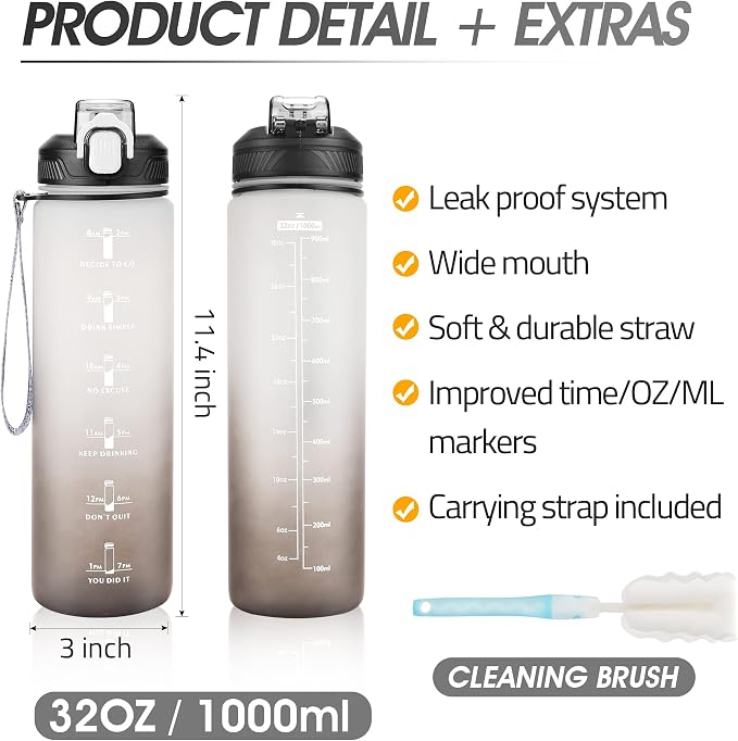 YC Kitchen Motivational Water Bottle with Time Marker- 32oz Water Bottles with Times to Drink, Leakproof & BPA Free Sports Water Bottle with Straw & Carry Strap for Fitness, Gym, and Outdoor Sports