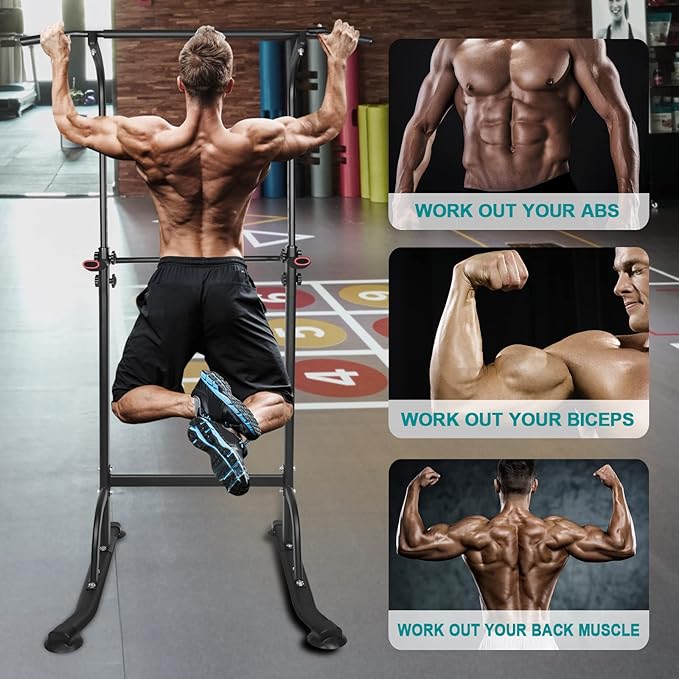 Adjustable Power Tower Pull Up Bar Dip Station, Free Standing Pull Up Rack Dip Station for Home Gym, 400LBS Capacity Height Heavy Duty Multi-Function Home Strength Training Fitness Workout Equipment