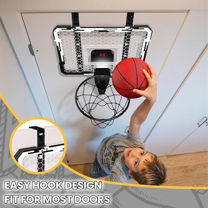 QDRAGON Mini Basketball Hoop with Scoreboard & 7 LED Lighting | Over The Door Indoor, with 3 Balls/Inflator/Breakaway Rim, Basketball Toy Gifts for Kids Adults, Suit for Bedroom/Office