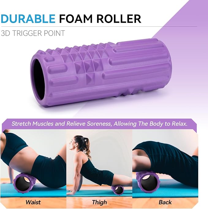 5 in 1 Foam Roller Set, High Density Patented Exercise Roller | Deep Tissue Massage Roller Stick, Massage Ball, Resistance Band for Pilates, Yoga, Whole Body Fitness Exercise, Purple