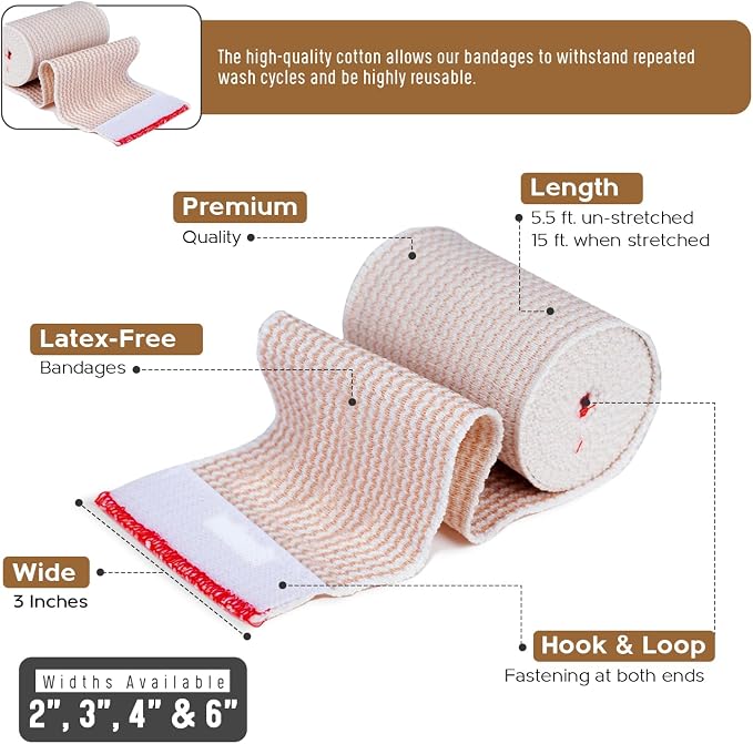 Premium Elastic Bandage Wrap (3” Wide, 4 Pack) - Nexskin Latex Free Athletic/Medical Compression Bandages Hook & Loop Fasteners at Both Ends - Lifetime Washable & Reusable Bandages