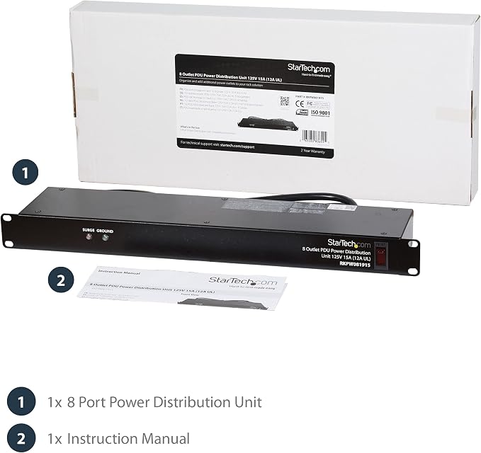 StarTech.com 8 Outlet Horizontal 1U Rack Mount PDU Power Strip for Network Server Racks - Surge Protection - 120V/15A - w/ 6ft Power Cord (RKPW081915) | Power strip for network server racks, Surge protection, Rugged steel chassis, LED ground and surge ...