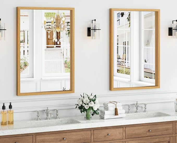 Syndra Natural Wood Frame Bathroom Mirror, 24x36'' Modern Vanity Mirror for Wall, Waterproof Slim Deep Frame, Rectangular HD Tempered Glass Mirror for Living Room, Bedroom, Entryway, Rustic, Farmhouse