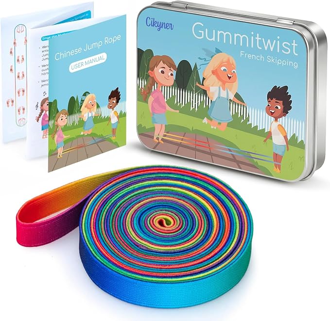 Cikyner Chinese Jump Rope, 4m Elastic French Skipping with Instructions | 1.5cm Wide Elastic Chinese Ropes Rainbow Band for Indoor and Outdoor Games, Ideal for Gifts for Children on Easter, Birthday