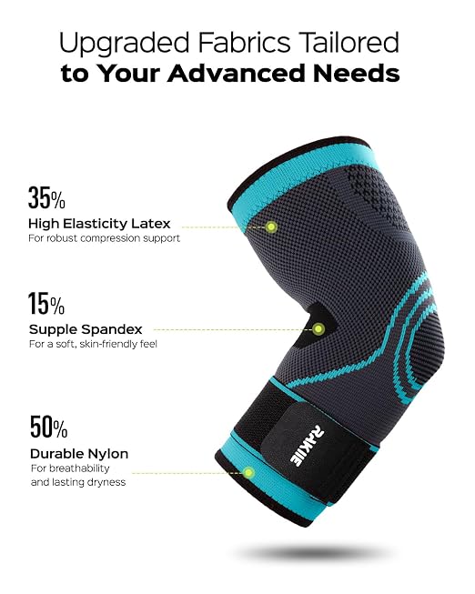 Rakiie Elbow Support Brace for Men and Women, 2 Pack Elbow Compression Sleeve, Elbow Brace for Tendonitis and Tennis Elbow, Elbow Sleeve Reduce Joint Pain for Tennis, Golfer, Workouts Blue (L)