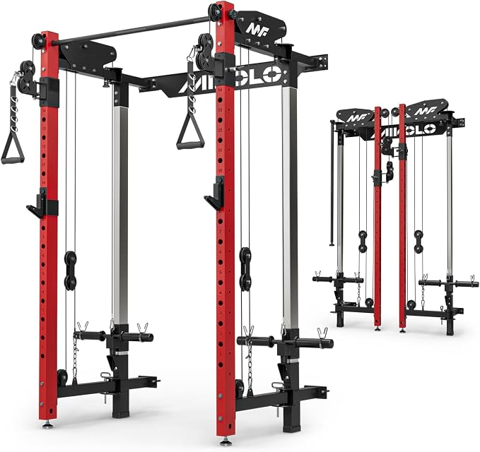 Mikolo Folding Squat Rack, Wall Mounted Power Rack with Cable Crossover Machine & LAT Pull Down, Functional Trainer with 5 Adjustable Function Modes, Home Gym Package