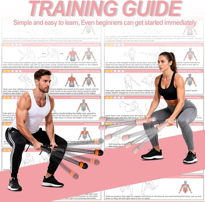Upgrade Portable Ropeless Battle Ropes - Adjustable Weights Cordless Battle Ropes for Home Gym with Training Poster - Battle Rope Sticks Exercise Equipment for Low-Impact Workout, HIIT & Cardio - Pink