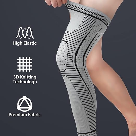 2 Pack Full Leg Compression Sleeves, Long Knee Brace Support for ACL,PCL, Meniscus Tear, Arthritis, Tendinitis,Men And Women (Gray, Medium)