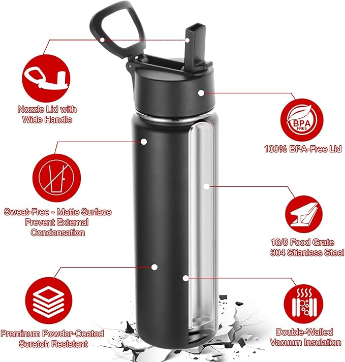Volhoply 24 Ounce Insulated Water Bottle With Straw Lid,Stainless Steel Wide Mouth Sport Bottles With Handle,Double Wall Vacuum Cups Keep Cold,Reusable Travel Thermal Cups For Holder,Gym(Black,1)