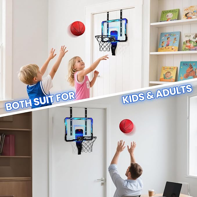 QDRAGON Mini Basketball Hoop with Scoreboard & 7 LED Lighting | Over The Door Indoor, with 3 Balls/Inflator/Breakaway Rim, Basketball Toy Gifts for Kids Adults, Suit for Bedroom/Office