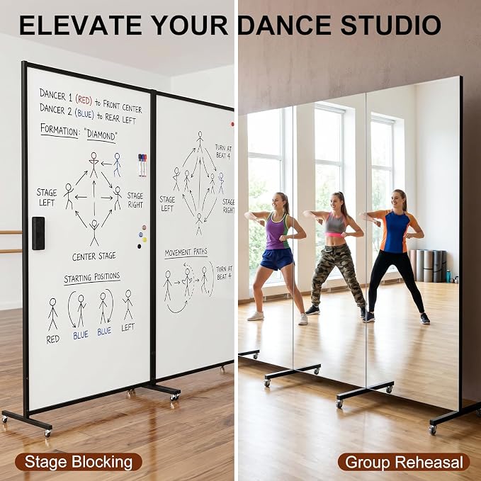 68"x24" Rolling Full Length Mirror & Magnetic Whiteboard, 2-in-1 Reversible Standing Mirror with Shatterproof Tempered Glass, Space-Saving Dry Erase Board on Wheels for Home Office & Bedroom