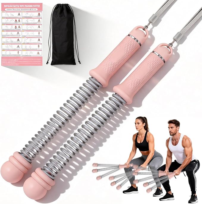 Upgrade Portable Ropeless Battle Ropes - Adjustable Weights Cordless Battle Ropes for Home Gym with Training Poster - Battle Rope Sticks Exercise Equipment for Low-Impact Workout, HIIT & Cardio - Pink
