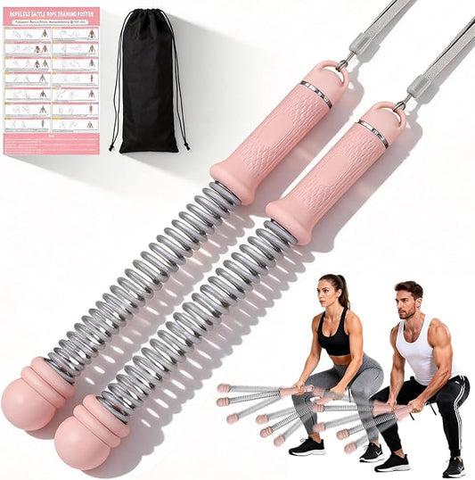 Upgrade Portable Ropeless Battle Ropes - Adjustable Weights Cordless Battle Ropes for Home Gym with Training Poster - Battle Rope Sticks Exercise Equipment for Low-Impact Workout, HIIT & Cardio - Pink
