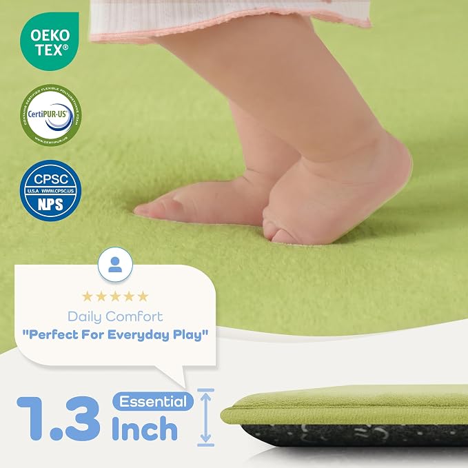 1.3" Thick Baby Floor Play Mat 50x50, Basic Padded Foam Mat for Tummy Time Crawling, Non Slip Cushioned for Babies Toddlers Infants Kids (Light Green)
