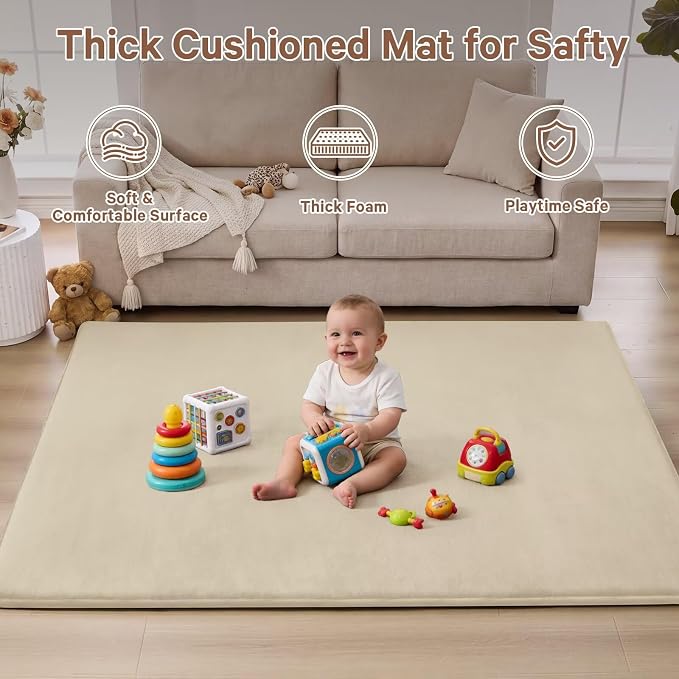 Baby Play Mat for Floor,Ultra Thick Elastic Foam 74"x50" Playmat Tummy Time Muscle Crawling Exercise Activity Cushion Gym Mat Nursery Playroom Area Kids Rug for Babies, Toddlers,Infants,Beige