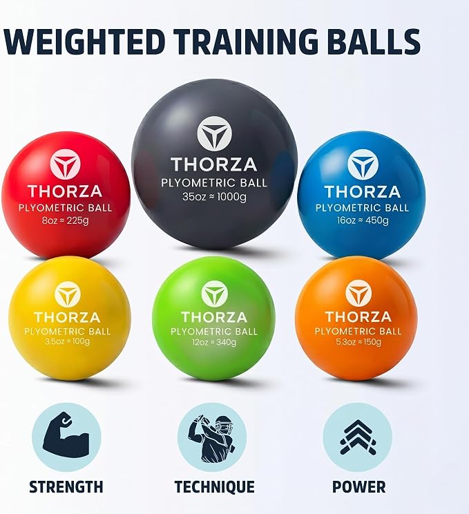 Thorza Weighted Training Balls, Overload & Underload Throwing Set, 6-Pack | Plyometric throwing set for pitching velocity & arm strength, color-coded for baseball training