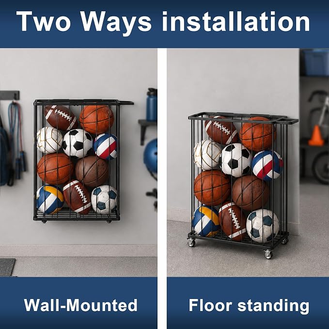 Garage Ball Storage Rack with Wheels, Metal Sports Ball Holder | Basketball Soccer Volleyball Holder with Adjustable Elastic Cords, Ball Organizer Space Saving Rack for Basement Gym Outdoor