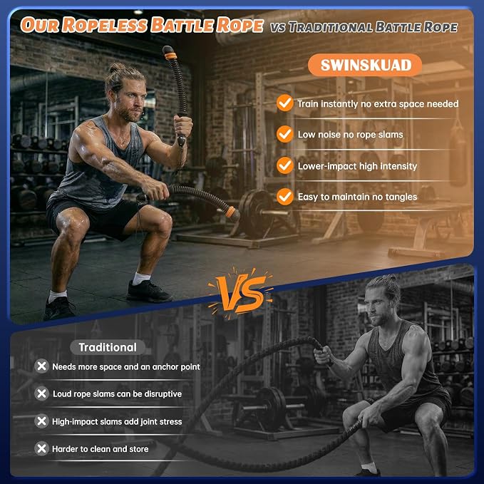 Black Cordless Battle Ropes, Adjustable Weight for Men & Women | Upgraded Ropeless Battle Ropes for Home Gym, Portable Arm Exerciser for Strength Building, HIIT & Low-Impact Aerobic Training