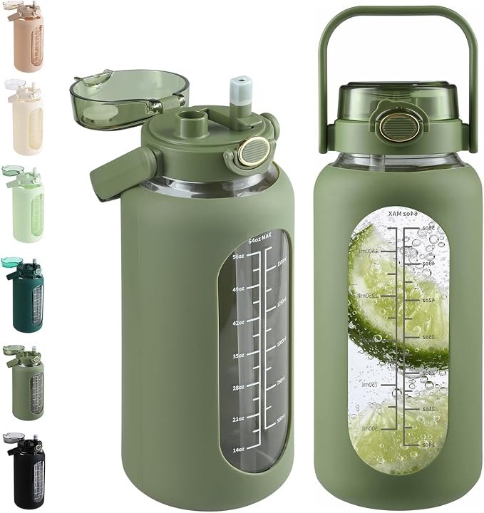42 oz Glass Water Bottle with 2-in-1 Straw Lid Large Half Gallon Water Bottle with Time Marker & Removable Silicone Sleeve,Wide Mouth BPA-Free Borosilicate Bottle for Gym, Workout & Daily Use