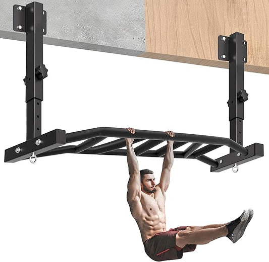 48" Joist Mounted Pull Up Bar, 600LBS Heavy Duty Multi Grip Ceiling Mount Chin Up Bar, Ceiling Beam for Home Gym/Garage/Basement with 5-Height Adjustable& Round Anchors, Easy to Install