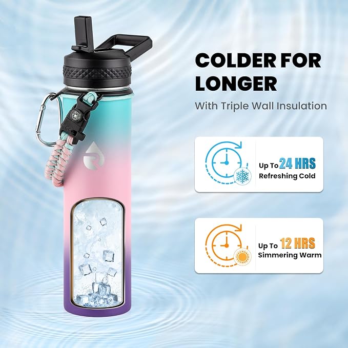 RAYMYLO Insulated Water Bottle 24 oz, Triple Wall Vacuum Stainless Steel | (Cold for 24Hrs, Hot for 12Hrs), Leak Proof & Non-BPA, Modern Water Flask Jug with Paracord Handle & Straw Spout Lids