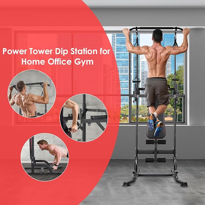 Multi-Function Power Tower with Folding Bench 4 Training Ropes | Pull Up Bar Stand with Adjustable Heights and Angles, Heavy-duty Frame, 400LBS Capacity, Home Gym Full-body Strength Training