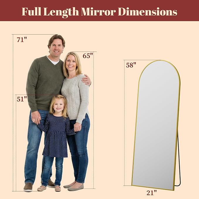 Suidia 58"x21" Arched Full Length Mirror with Stand, Full Body Mirror with Aluminum Frame, Freestanding/Leaning/Wall-Mounted, Floor Mirrors for Bedroom, Living Room, Entryway, Dressing Room, Gold