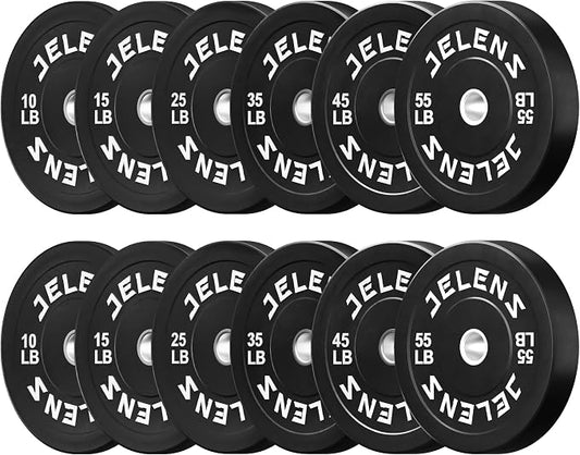 JELENS Olympic Barbell Weight Plates Set, 2-Inch Black/Colored Rubber Bumper Plate Weight Set for Strength Training and Weightlifting, Multiple Options