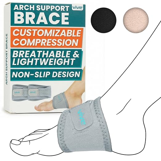 Vive Foot Arch Support Brace (Pair) - Wrap Corrector for Flat Feet, Plantar | Fasciitis, Pain Relief, Fallen Arches - Compression Sleeve Strap, Gel Bands Inserts for Women & Men, Wear Under Socks (Gray)