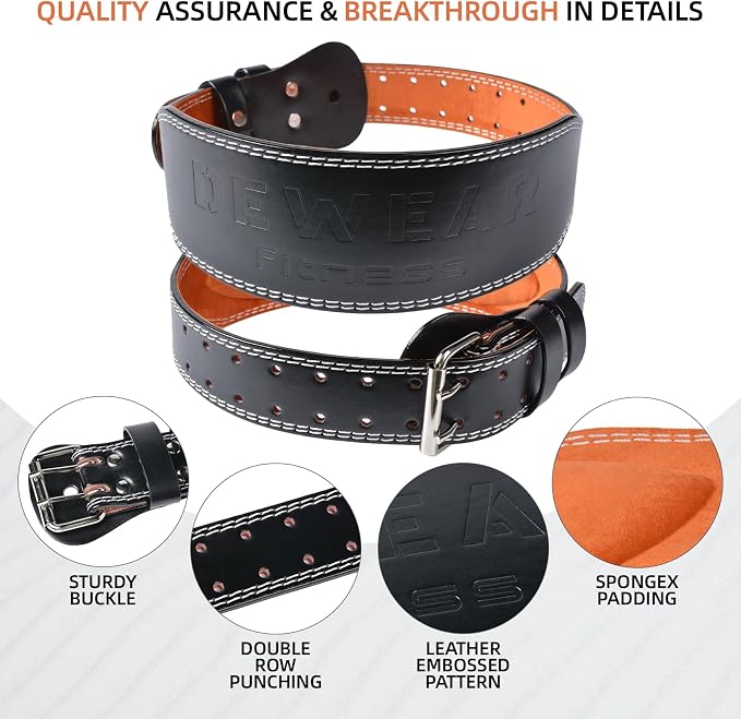 Leather Weight Lifting Belt, 4”& 6”Padded Lumbar Back Support, 10 Adjustable Holes, Gym Weight Belt Ideal for Deadlift, Powerlifting, Bodybuilding and Squat