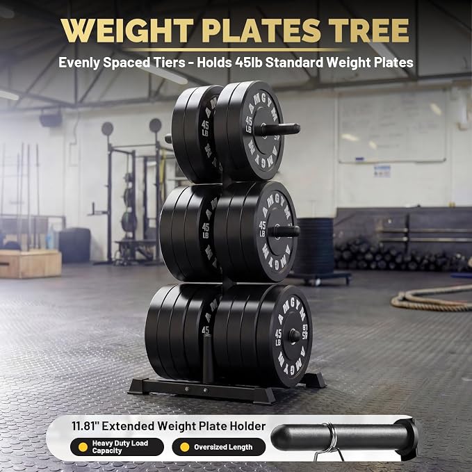 1100lb Capacity Weight Plate Tree Rack with Barbell Holder for Home Gym | AMGYM Strength Training Plate Storage Stand and Barbell Holders, 1100 lb Weight Capacity, Fits Both 1" and 2" Bumper Plates