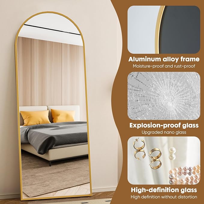 Gold Arched Full Length Mirror, XX-Large 71x26 Floor Mirror with Stand | Modern Home Decor Accent for Bedroom Decor, Tempered Large Mirror Living Room Decor, Dressing Room