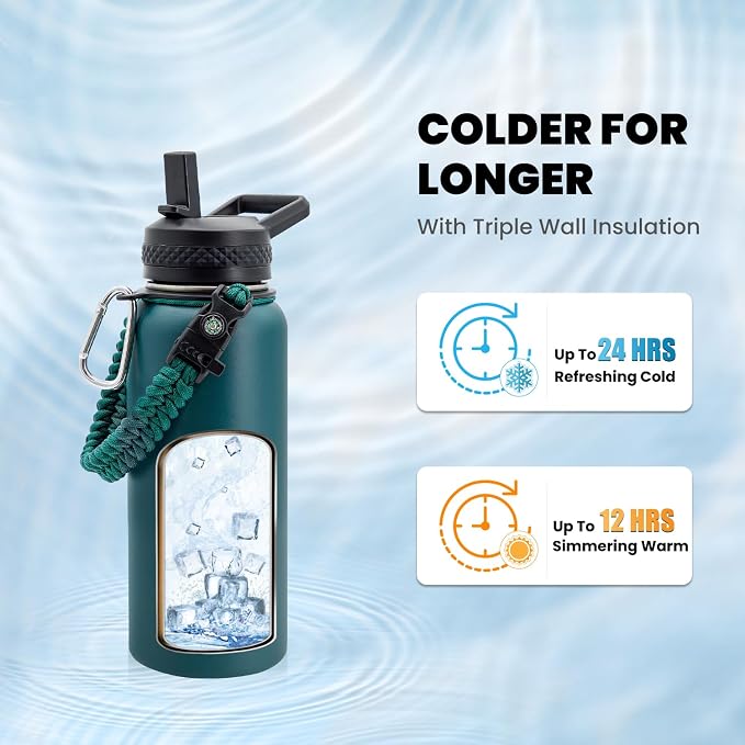 RAYMYLO Insulated Water Bottle 32 oz, Triple Wall Vacuum Stainless Steel | (Cold for 24Hrs, Hot for 12Hrs), Leak Proof & Non-BPA, Modern Water Flask Jug with Paracord Handle & Straw Spout Lids