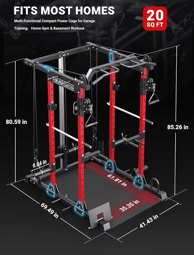 YOLEO Smooth Pulley System Power Cage, Adjustable Cable Crossover Power Rack, Multi-Functional Cable Machine for Home Gym