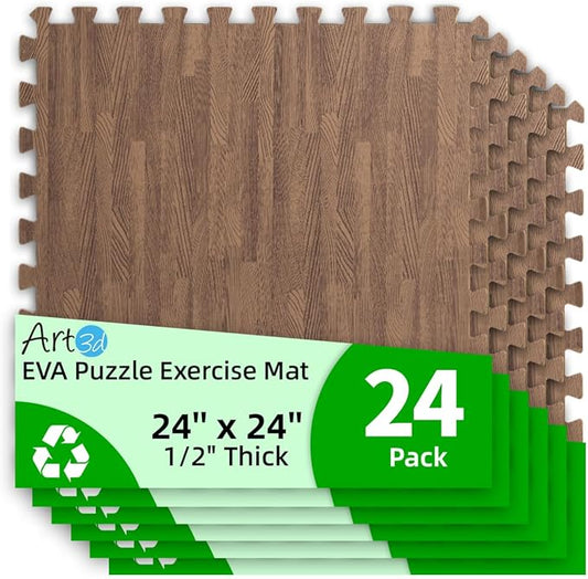 Art3d 24 Pack 24" x 24" EVA Interlocking Exercise Mats, 1/2" Thick Foam Puzzle Flooring for Workout, Gym Equipments, Training Areas, 96 Sq.FT, Dark Walnut