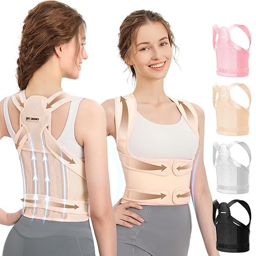 Fit Geno Posture Corrector for Women & Men, Adjustable Upper Back Brace | 4 fiberglass stays with breathable mesh gently pull your shoulders back to correct rounded posture and ease upper back strain