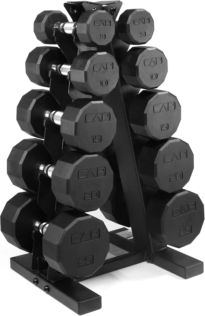 CAP Rubber Coated Hex Dumbbell Set with Storage Rack | 100–210 lb Options, Space-Saving Vertical Compact Storage for Home Gym Strength Training
