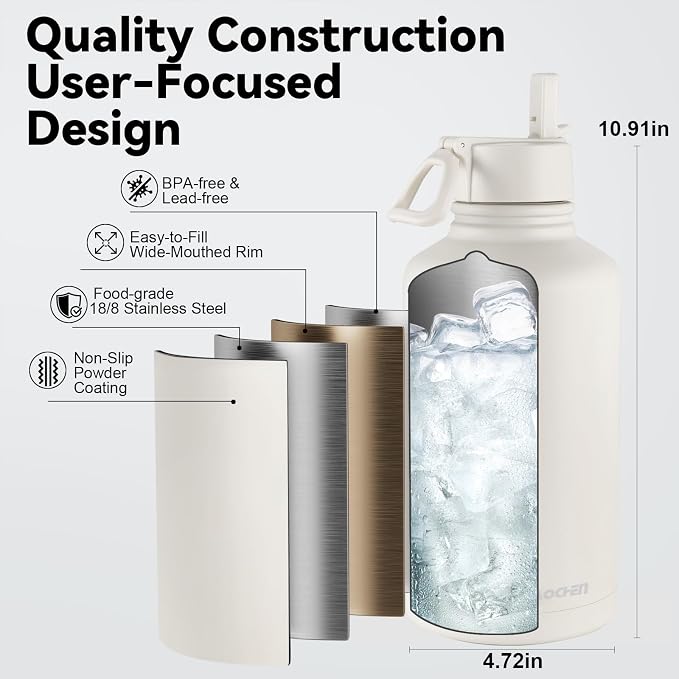 KXIAOCHEN Insulated Water Bottle with Strap, 48-Hour Cold, 2 Lids | Triple-wall insulation, lead-free 18/8 Stainless steel, paracord handle, carabiner clip, for gym, hiking, camping and travel