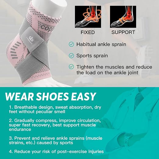 INDEEMAX Ankle Brace for Sprained Ankle Compression Sleeve, 2 Pack Copper Infused Ankle Support Brace for Women & Men, Plantar Fasciitis Relief Achilles Tendonitis, Sports Running, Pink Silver, XL