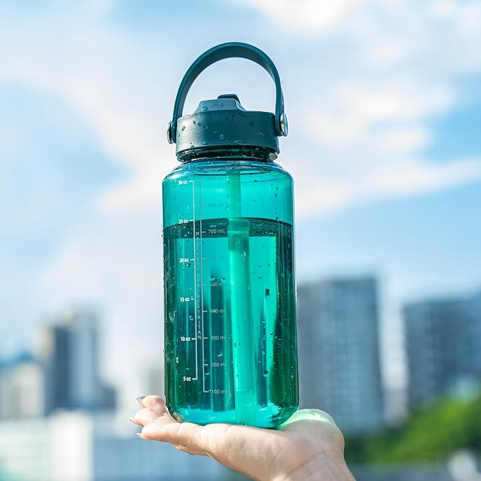 OLDLEY 32oz Water Bottle with Straw,Leakproof Tritan Clear Bottle with Marked Bottle and Carry Handle, BPA-Free Wide Mouth Reusable Sports Water Bottle for Gym,Hiking, Camping, Travel, Workout,Lagoon