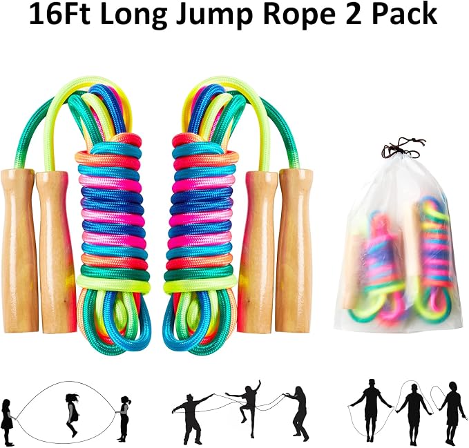 Double Dutch Long Jump rope - 16Ft 2 Pack Skipping Rope for Kids Adults, Rainbow Jumping Rope for Multiplayer with Wooden Handle